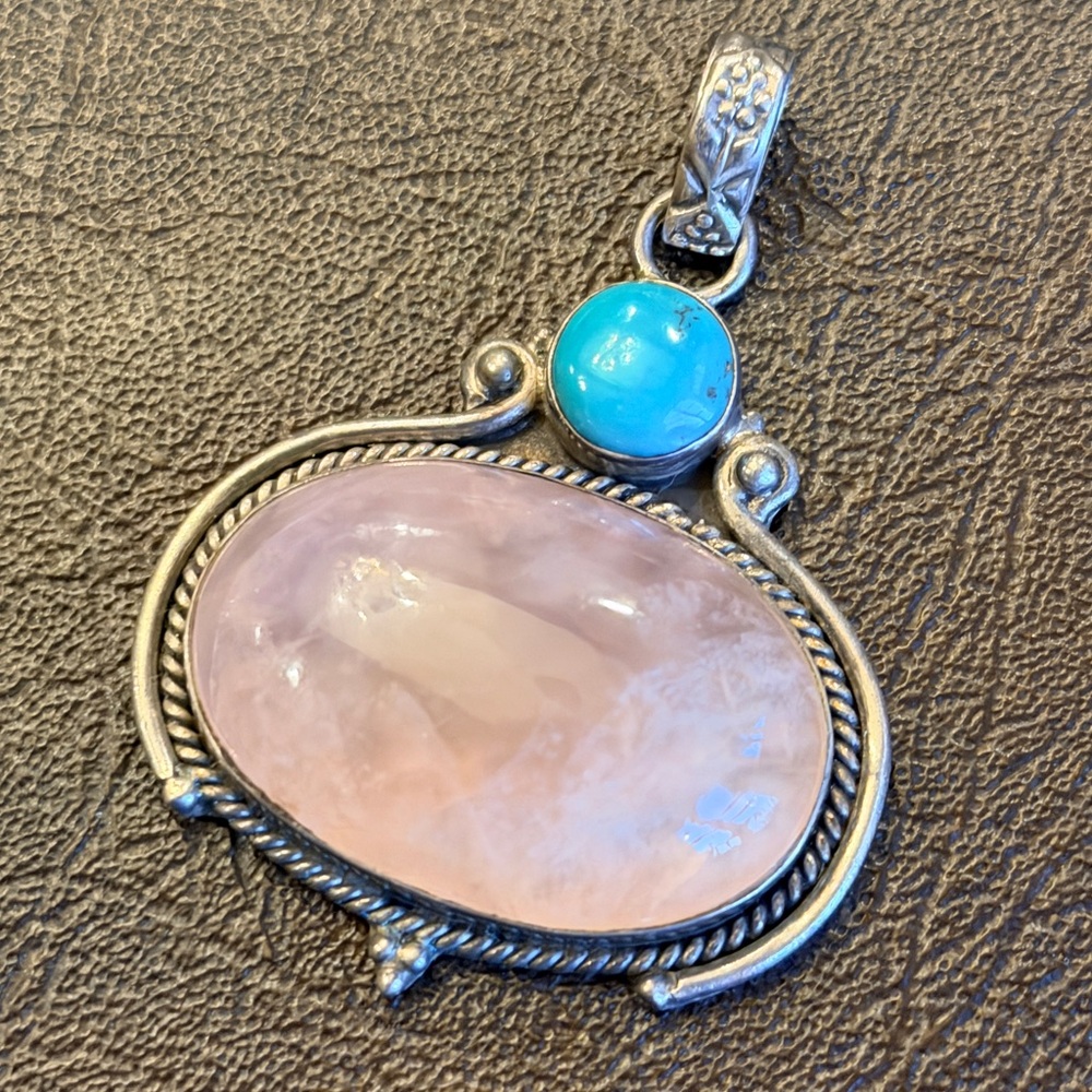 🌹Rose Quartz and Turquoise🌹Sterling Silver Boho Chic Chunky Statement Pendant